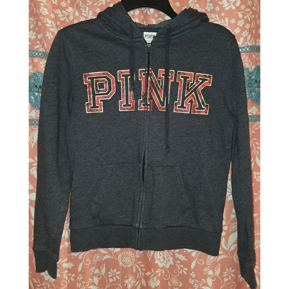 Victoria's Secret Pink Women's Full Zip Hoodie Size‎ XS Red Plaid Long Sleeve